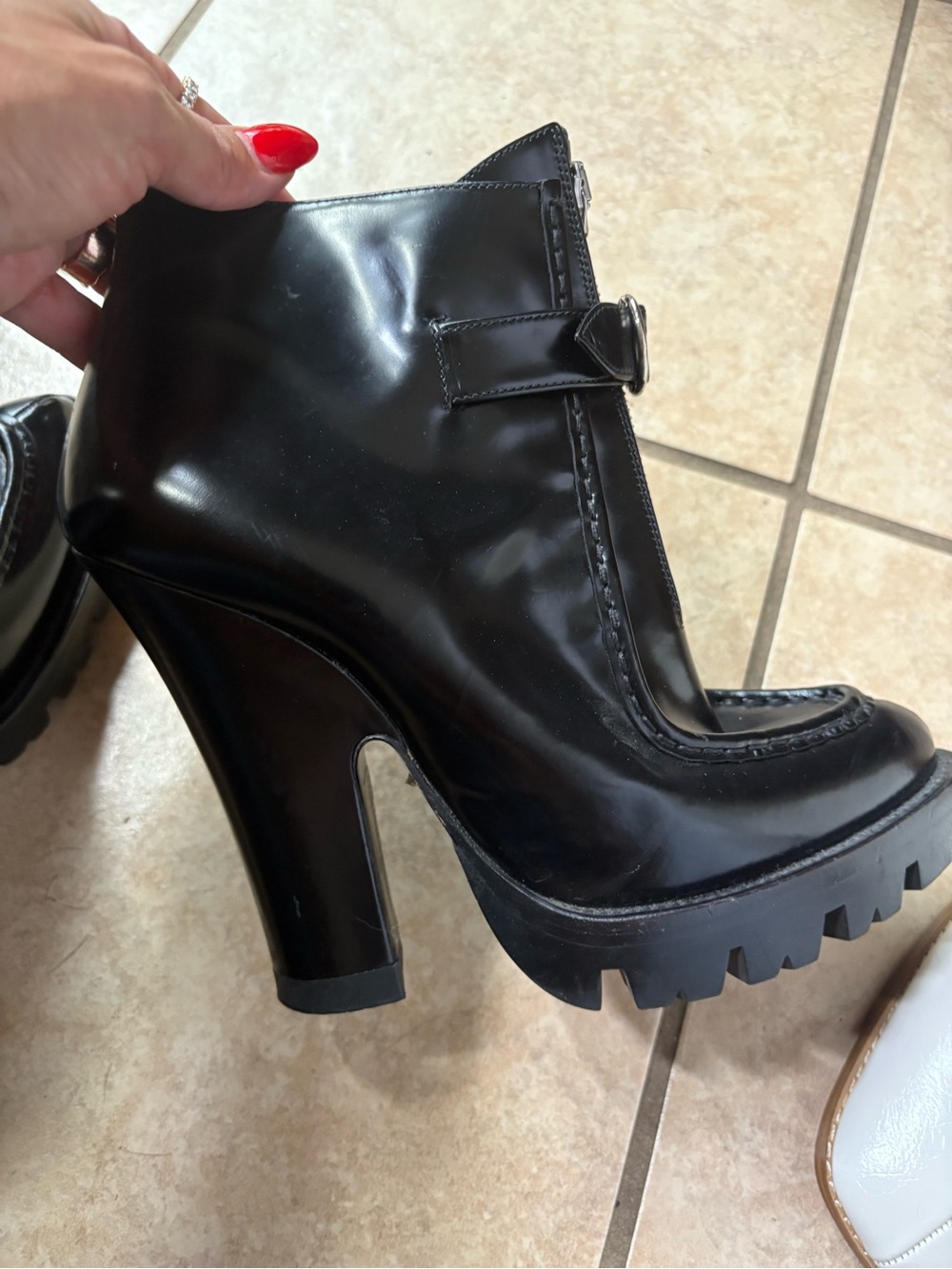 Prada Black Patent Leather Zip & Buckle Ankle Boots - Picture 4 of 9